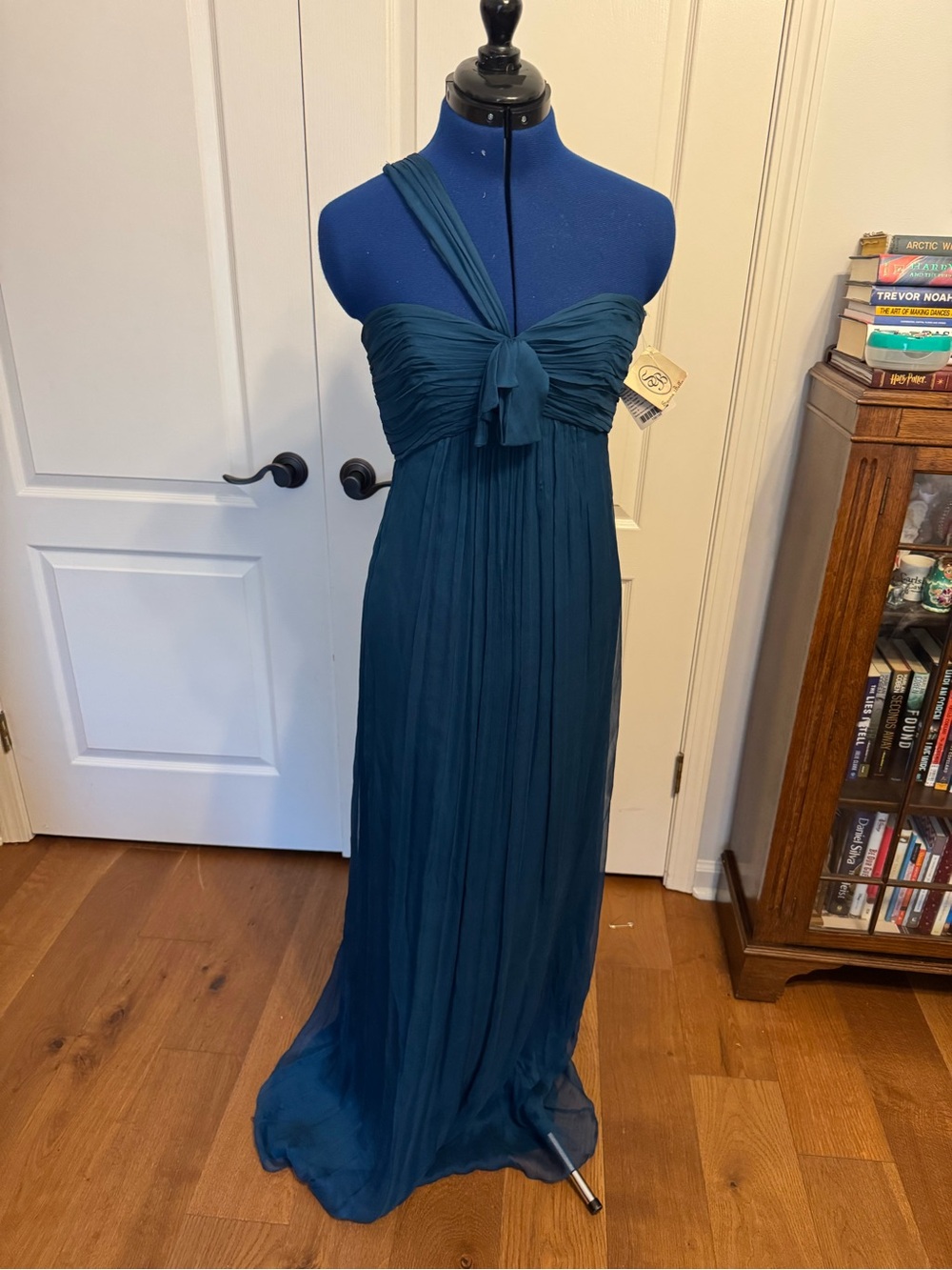 Amsale One-Shoulder Teal Maxi Gown with Front Knot